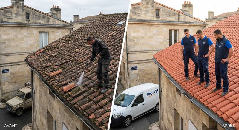 Comparaison avant et après nettoyage de toiture par NETOIT 33