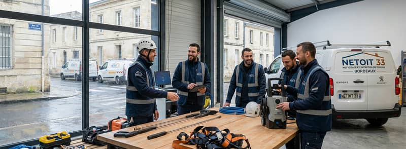 L'équipe de couvreurs NETOIT 33 dans l'entrepôt, préparant le matériel d'intervention